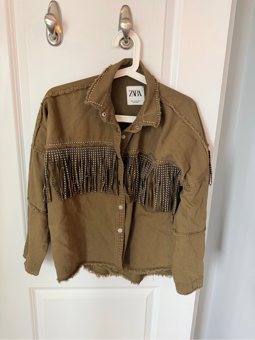 Zara Olive Green Studded Fringe Jean Jacket